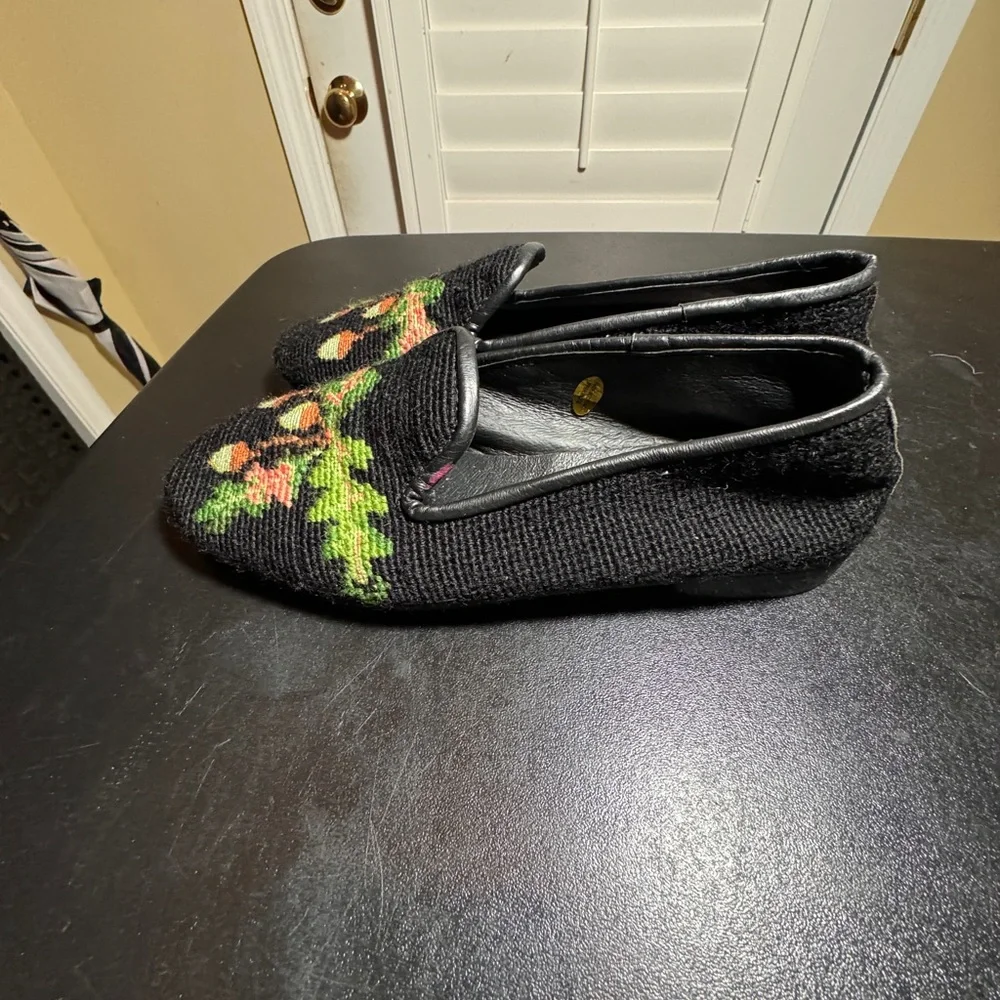 By Paige size 7 hand stitched black wool needlepoint leather loafers